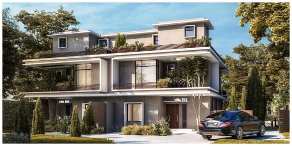 صورة توضح إحدى وحدات كمبوند البوسكو سيتي المستقبل وأمامها حوض سباحة.